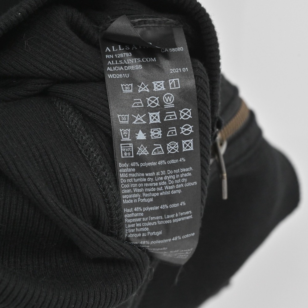 ALLSAINTS Alicia Midi Dress Size 10 Black Goth Sleeveless Ribbed Zip Front Chic‎ - Picture 7 of 11